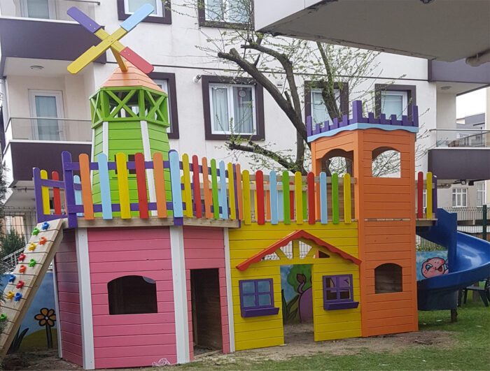 Çift Balkonlu Kule Eğimli Taş Tırmanma Spiral Kaydırak - Görsel 1
